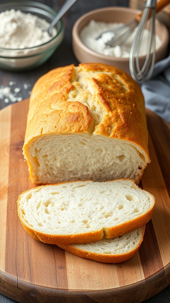 Gluten-Free Bread Recipe with 1-to-1 Flour A golden crusted loaf of gluten-free bread on a cutting board with slices cut, showcasing its fluffy texture.